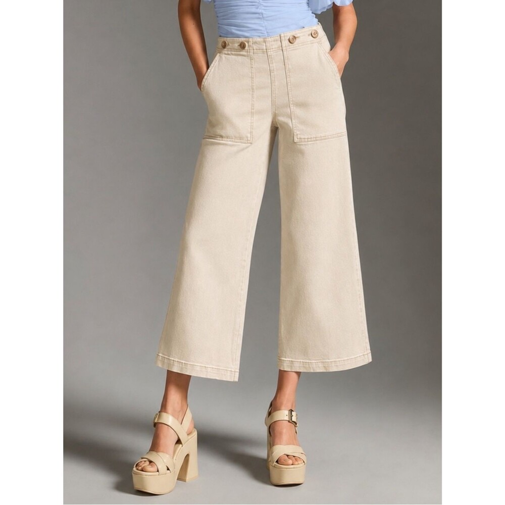 Pilcro Kit Cropped Wide Leg Jeans Sz 31 Cream High Rise Hemp Blend Patch Pockets